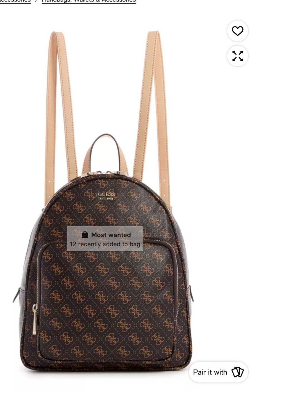 GUESS Rylan Backpack, NWT, Brown Monogram Backpack with Beige Straps